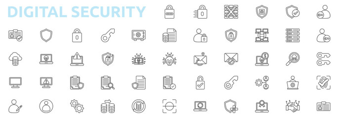 Digital Security icon set outline style with secure, login, logout, two factor, biometric, identity, authentication icons