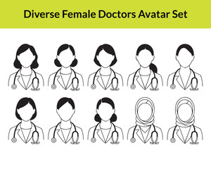 Diverse Female Doctor Avatar Set - Professional Healthcare Provider Line Icons with Hijab and Various Hairstyles