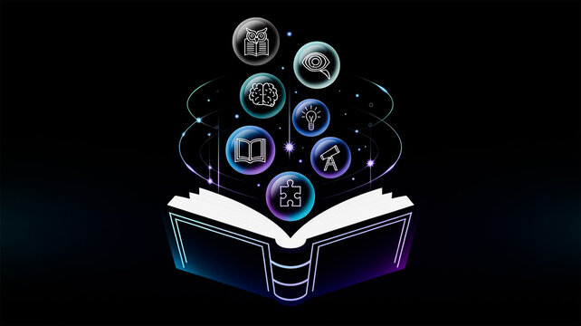 holistic education concept with floating neon icons, multidisciplinary learning and cognitive skills illustration
