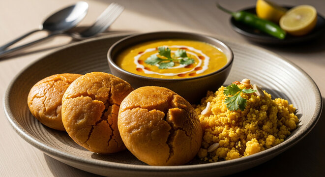 A Culinary Delight Wholesome and Traditional Indian Dal Baati Meal Featuring Savory Lentil Soup, Golden Baked Bread, and Flavorful Accompaniments