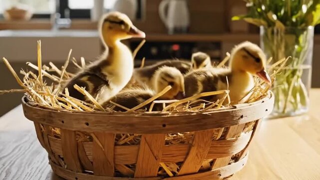Ducklings nestle in a woven basket on a wooden surface basking in warm light