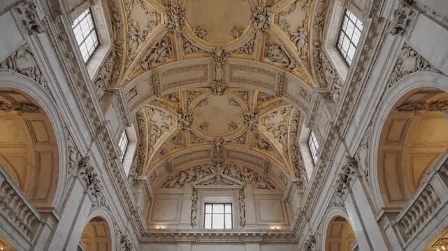 Grand Baroque Ceiling with Golden Ornaments and Marble Columns, Slow Zoom Out, Cinematic