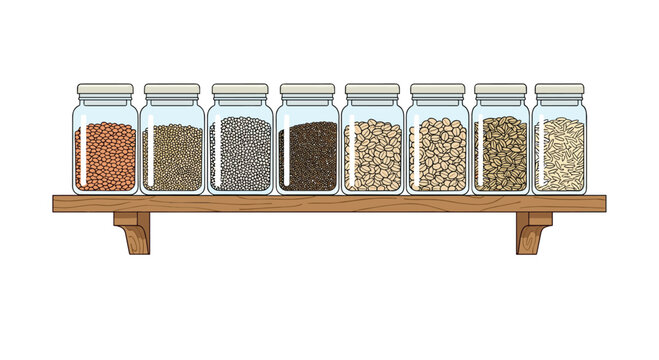 Uniform row of clear glass spice jars with light lids, filled with various grains and spices, neatly arranged on a