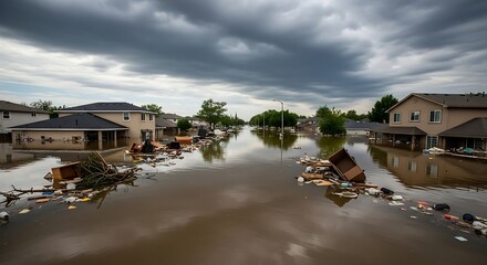 Severe flooding covers suburban streets and homes after heavy rain with debris floating and dark storm clouds showing disaster impact on residential community