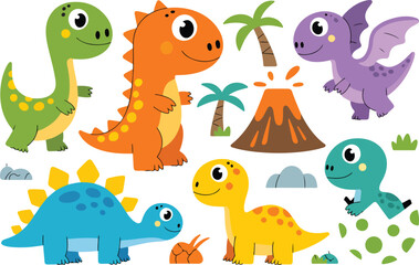 Obraz premium Cute Neon Dinosaur Cartoon Character Set Friendly T-Rex, Stegosaurus, Triceratops
