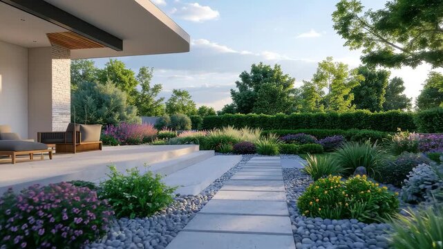 Beautifully landscaped backyard with a modern patio, lush greenery, and serene atmosphere.