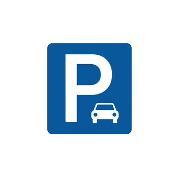 Blue parking sign with a white p and car symbol