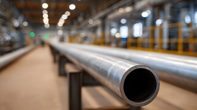 Long silver metal pipes arranged in a brightly lit industrial factory setting close up view