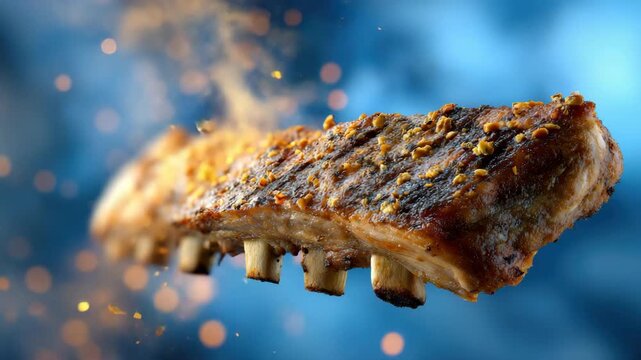 Sizzling bbq pork ribs with fiery sparks and smoke on blue background