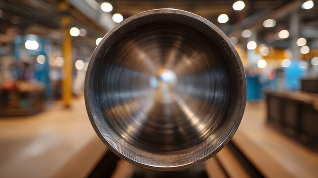 Looking through the hollow interior of a silver steel pipe revealing concentric metal rings against a blurred background of an industrial factory