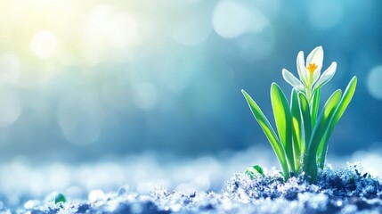 Single white crocus flower emerging from frosty ground with blue tones and sunlight in background, symbolizing hope, renewal, and seasonal transition
