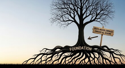 Tree with Foundation Roots Symbolizing Strength and Growth