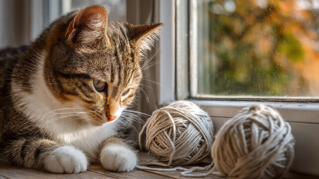 Cat tabby kitten window yarn ball sunlight autumn cozy cat near window watching yarn ball in warm autumn sunlight peaceful mood