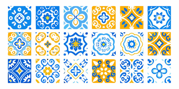 A collection of vibrant repeating tile patterns in blue and yellow hues
