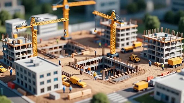Miniature construction site with cranes, workers, and vehicles building modern structure, representing urban development, engineering, and infrastructure progress.