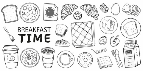 A collection of breakfast foods and beverages in a black and white sketch