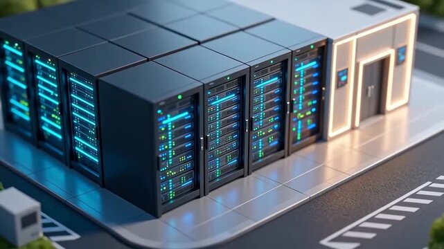 Modern data center with high-performance server racks and cloud infrastructure representing digital storage, cybersecurity, and enterprise IT operations.