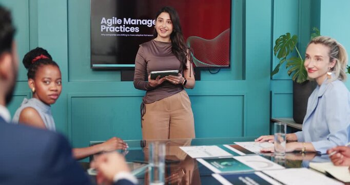 Screen, tablet and question with business woman in office for agile management practices workshop. App, meeting and presentation with employee person in boardroom for work adaptability discussion
