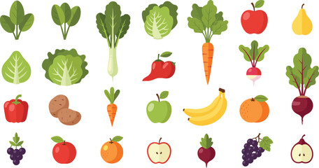 Fresh fruits and vegetables icons set with apples bananas carrots greens vector illustration © EdGe Creative