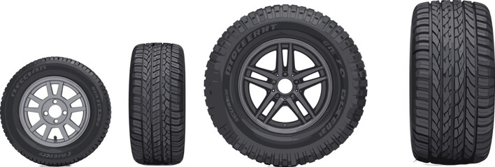 Car tire and wheel set vector illustration showing different automotive tires and rims front and side views isolated on white background for vehicle design © Mahabub