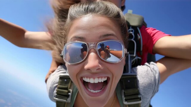 Excited skydiver experiencing freefall with tandem instructor at high altitude adventure