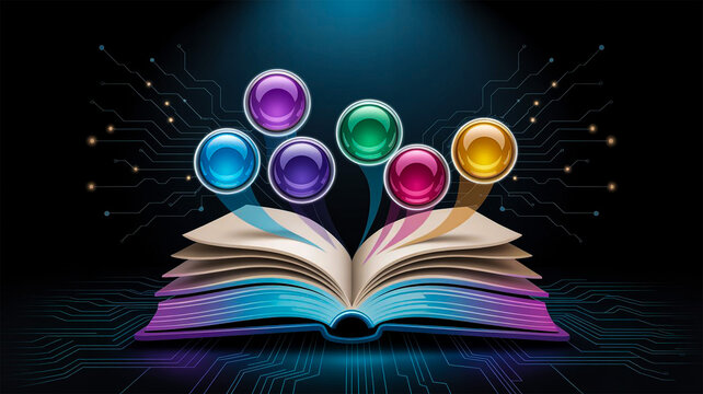 interactive digital learning interface, open book with blank glossy buttons for customization