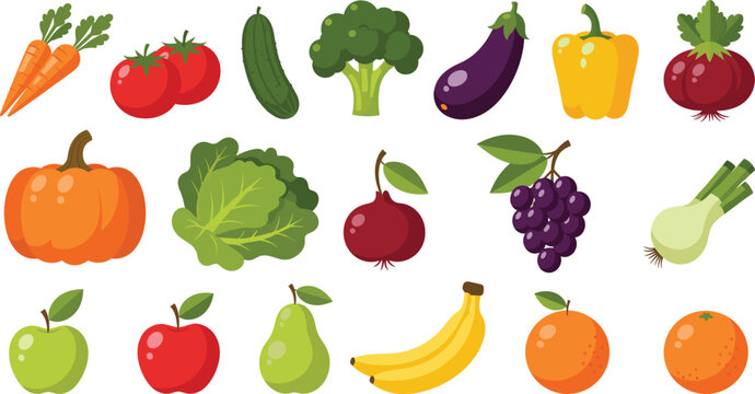 Fresh fruits and vegetables set with pumpkin apple banana grape tomato carrot vector