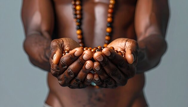 A person holding prayer beads in their cupped hands, conveying spirituality and contemplation