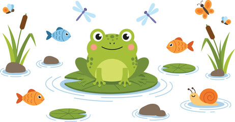 Cute frog on lily pad pond scene with fish snail insects cartoon vector © EdGe Creative