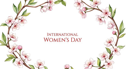 A delicate watercolor illustration of a blooming spring wreath with pink blossoms, embodying the elegance and strength of women, ideal for inspiring messages and festive recognition