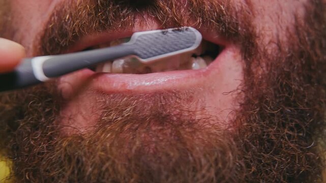 CloseUp White Man Brushing Teeth With Dense Beard And Foamy Toothpaste, Manual Toothbrush Bristles Cleaning Enamel, Gritty Close