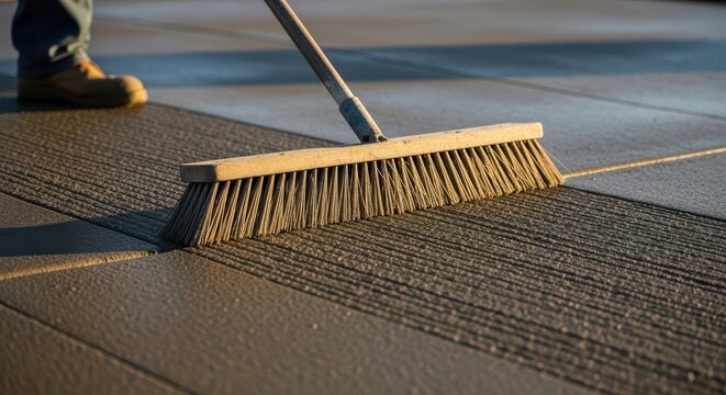 Wooden broom on concrete surface creating parallel line patterns during construction process