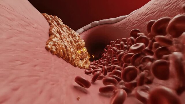 Excess LDL cholesterol particles circulating in the bloodstream. These particles glow densely and begin adhering to smooth arterial walls. Over time, layered lipid deposits form plaque structure