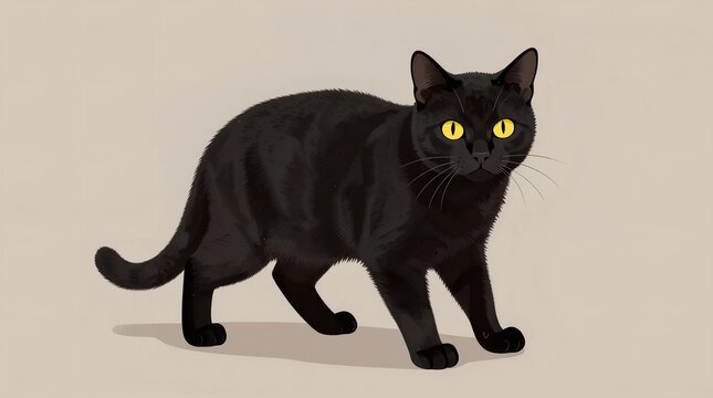 A black cat with yellow eyes is walking on a beige background