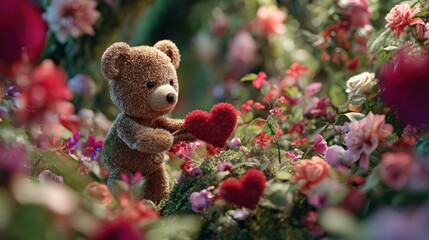 Fototapeta premium A teddy bear planting a heart-shaped flower garden with blooming red and pink flowers, gardening romance, 8k, realistic, full ultra HD, high resolution, cinematic photography