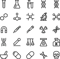Obraz premium Minimal science icon set, laboratory chemistry biology dna microscope symbols, medical research experiment outline vector collection