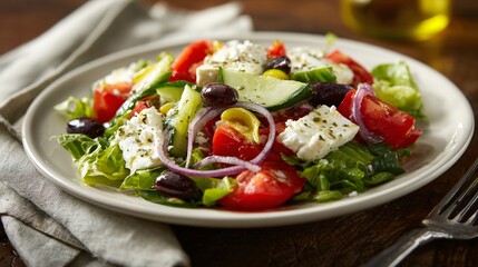 Greek salad with cloth napkin casually draped, human touch