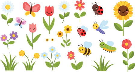 Cute spring flowers and garden insects set with butterflies bees ladybugs cartoon vector © EdGe Creative
