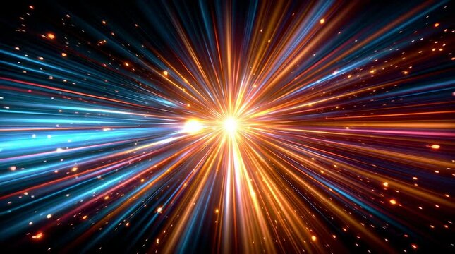 a vibrant burst of colorful light rays, radiating from the center and spreading out in all directions, creating an energetic atmosphere with energy lines and stars. the background is dark to highlight
