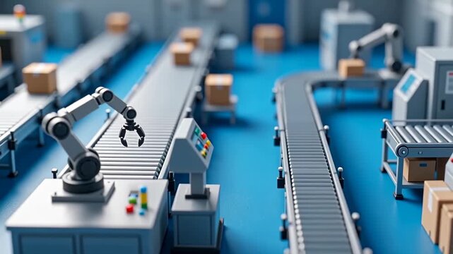 Automated robotic arms working on conveyor production line moving packages, representing smart manufacturing, industrial automation, and logistics efficiency.