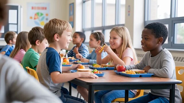 school cafeteria scene showing a contrast between cheerful children eating together and a sad child sitting alone at a table, highlighting loneliness, exclusion, and social isolation