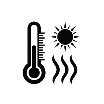 Black icon of a thermometer with rising heat lines and sun on a indicating hot weather conditions
