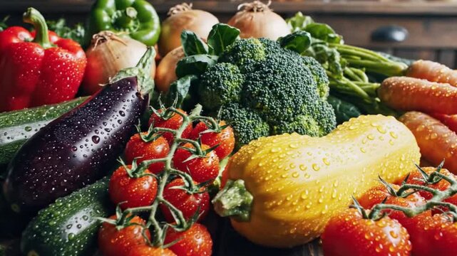 Fresh vegetables on a wood surface including tomatoes broccoli peppers squash eggplant and onions all covered in water droplets