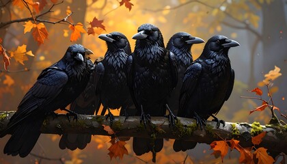 Fototapeta premium A flock of five ebony birds perched together on a branch, autumn leaves surround them in an ochre-toned forest