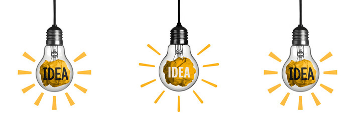 Three light bulbs with idea text inside isolated on transparent background