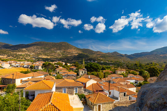 Panoramic View of a Sunny Mediterranean Coastline with Azure Sea on the Greek island of Lesvos (Petra)  on a sunny day, wallpaper or background for your project
