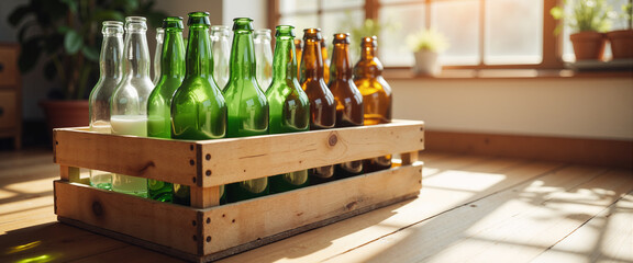 Wooden crate filled with empty glass bottles in sunlit room for Spring cleaning event  
