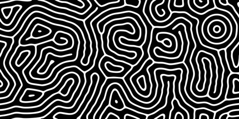 Abstract black and white swirling lines create an optical illusion pattern