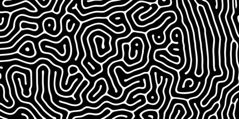 Abstract black and white swirling lines create a complex visual texture