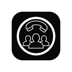 Obraz premium Black and white icon of a headset and three people in a circle on isolated for customer support or call center concept